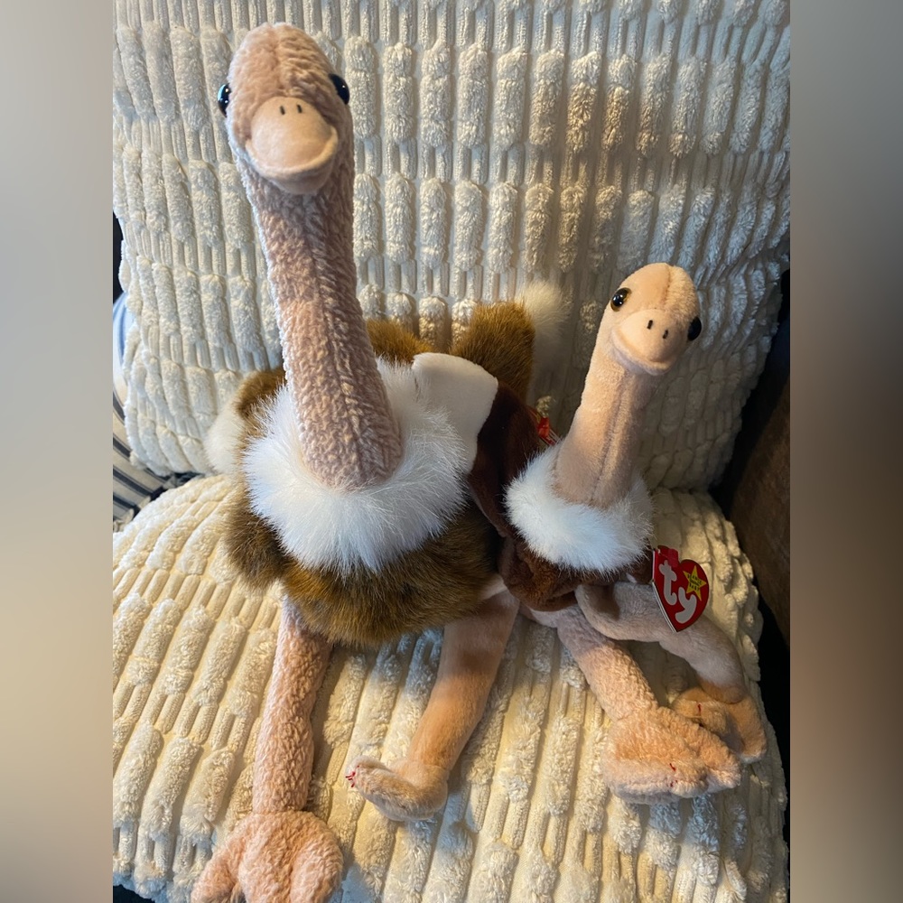 TY Retired Vintage Beanie Baby/Buddy Ostrich Duo